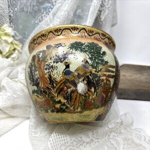 Hand-Painted Vintage Satsuma Koi Fish Bowl Planter Peacock & Floral Design Crack